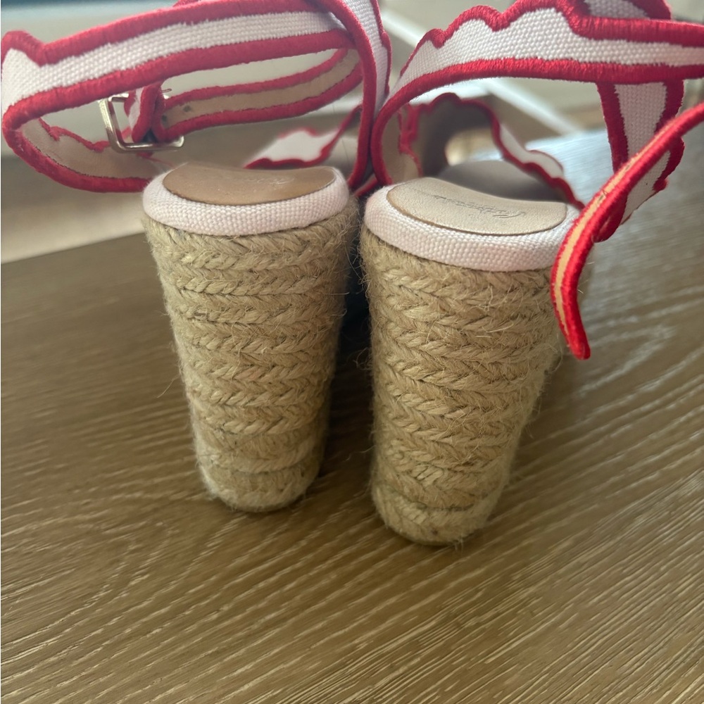 Castaner Pink Espadrille Wedges with Scalloped Red Trim - Picture 7 of 8